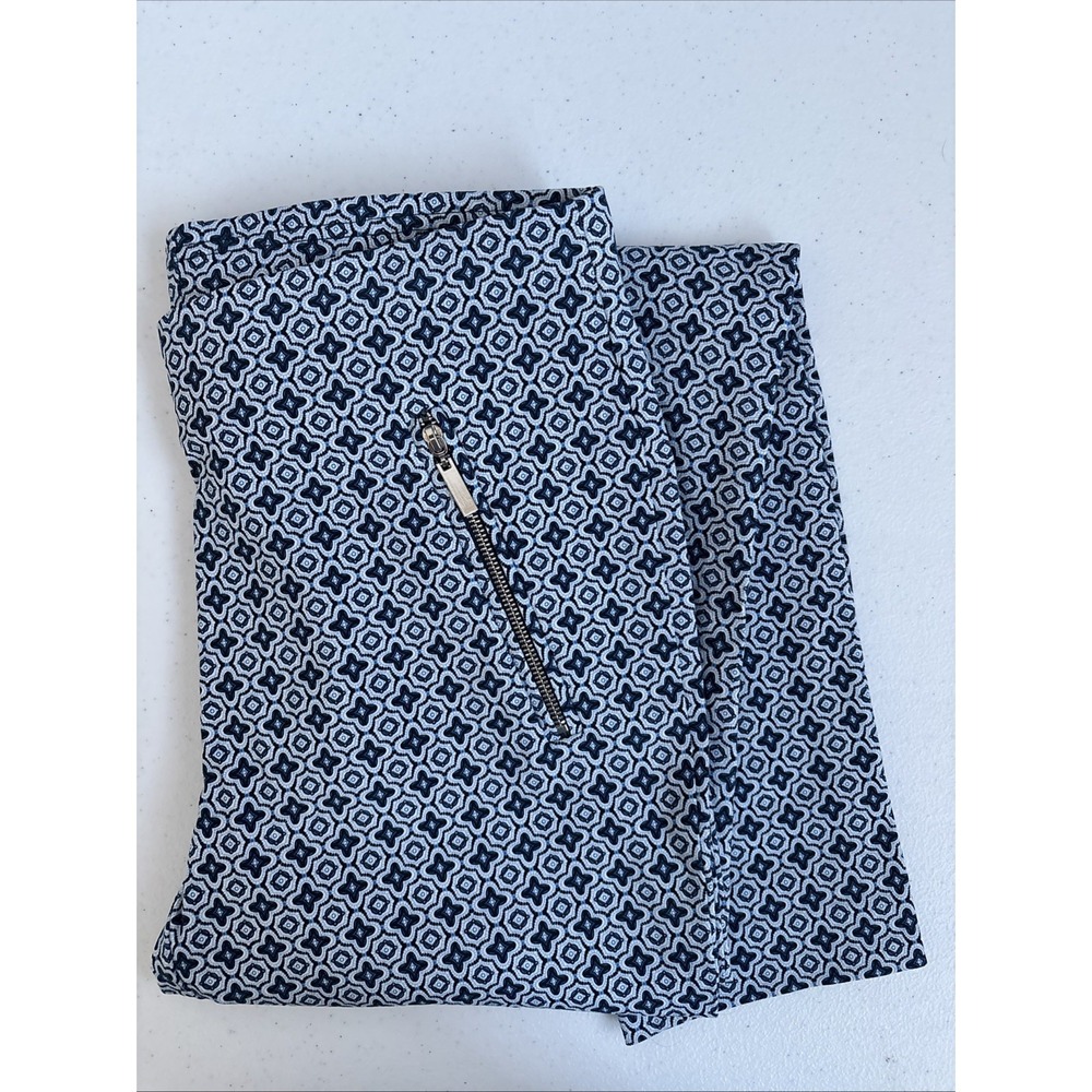 Kenar Women's Size 6 Navy‎ White Geometric Stretch Faux Pocket Skinny Pants